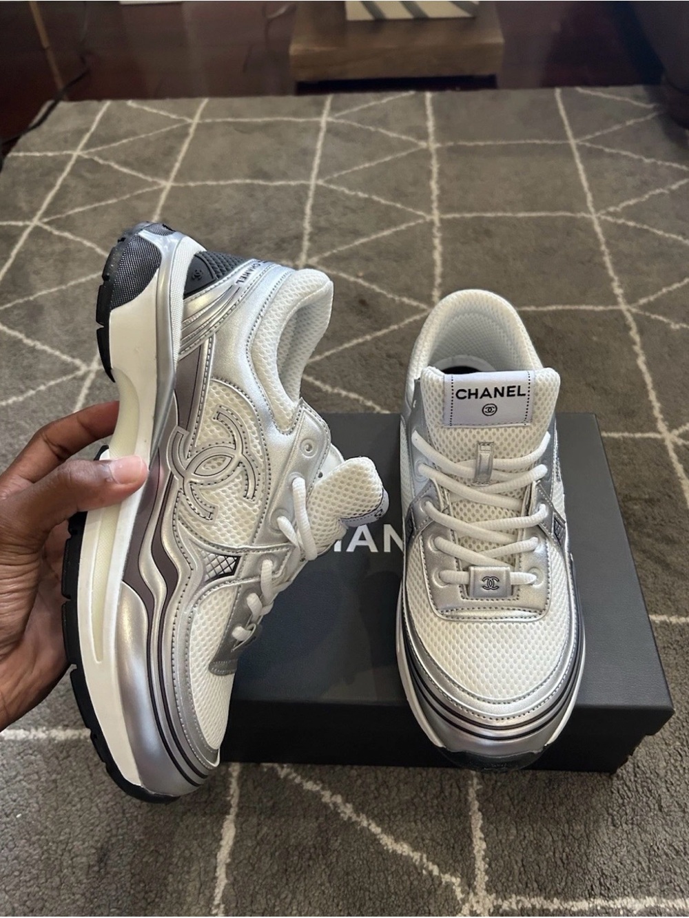 CHANEL runners White and Silver Mesh Logo Sneakers